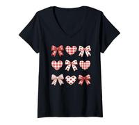 Women's Vintage Coquette Bows and Red Gingham Hearts Pattern V-Neck T-Shirt