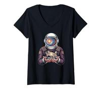 Women's Vintage Cosmic Geologist Holding a Radiant Space Planet V-Neck T-Shirt