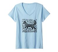Women's Vintage Cottagecore Folk Art Fox Cool-Looking Linocut V-Neck T-Shirt