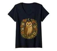 Womens Vintage Cottagecore Owl Floral Forest Aesthetic Nature Art V-Neck T-Shirt