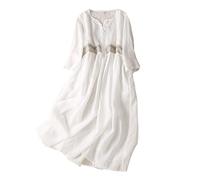 Women's Vintage Cotton Linen Crew Neck Summer Dress Ethnic Style Loose Embroidered Cotton Linen Midi Dress Casual Dress Swing Dresse