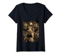 Womens Vintage Cow Selfie with Spooky Scarecrows Halloween Animal V-Neck T-Shirt