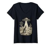 Womens Vintage Cowboy Alien Cat UFO Western Desert Retro 90s V-Neck T-Shirt
