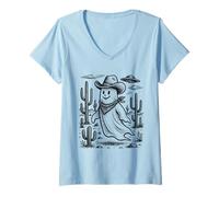 Womens Vintage Cowboy Ghost UFO Western Halloween V-Neck T-Shirt