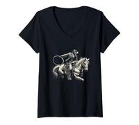 Womens Vintage Cowboy Riding Horse, Dark Western Art Black V-Neck T-Shirt