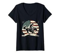 Womens Vintage Cowboy US American Flag Horse Riding Western Art V-Neck T-Shirt