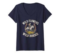 Womens Vintage Cowgirl Flowers Wild Horses Ranch Vibes Cowboy V-Neck T-Shirt