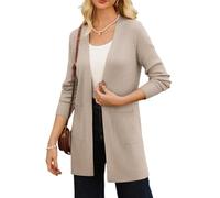 Women's Vintage Crochet Cardigan Solid Open Front Long Cardigan Cozy Knit Sweaters with Pockets Khaki S