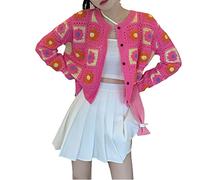 Womens Vintage Crochet Granny Square Cardigan Jumper Long Sleeve Button Down Floral Knitted Sweater Knitwear Cardigan (Rosy, One Size)