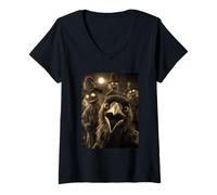 Womens Vintage Crow Selfie with Spooky Scarecrows Halloween Animal V-Neck T-Shirt