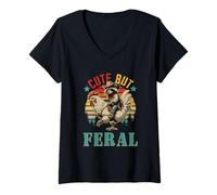 Womens Vintage Cute But Feral Funny Raccoon Riding Chicken Farmer V-Neck T-Shirt