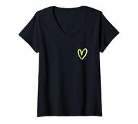 Womens Vintage Cute Hand Drawn Lime-Green Minimalist Heart on Black V-Neck T-Shirt