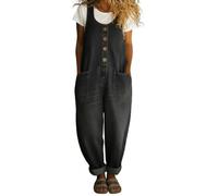 Women's Vintage Denim Jean Overalls Regular-Fit Stretch Straight Leg Roll-Up Baggy Bib Dungarees Washed Cotton Button Front Sleeveless Jeans Coveralls with Pockets for Women UK