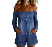 Women's Vintage Denim Print Off The Shoulder Jumpsuit, Long Sleeve Loose Fit Romper with Pockets, Casual Button Down One Piece Outfit for Vacation & Daily Wear