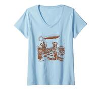 Womens Vintage Desert Dog and Zeppelin Illustration Art V-Neck T-Shirt