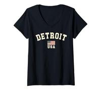 Womens Vintage Detroit USA American Flag Michigan Souvenir Retro V-Neck T-Shirt