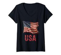 Womens Vintage Distressed American Flag USA Patriotic V-Neck T-Shirt