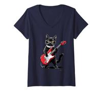 Womens Vintage Domestic Shorthair Cat Playing Guitar Funny Kitten V-Neck T-Shirt
