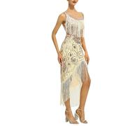 Women's Vintage Dress Plus Size Cocktail Party Dress 1920s Charleston Knee Length Hem Fringed Sequins with 20s Accessories, beige, XXL