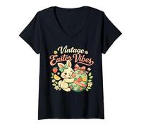 Women's Vintage Easter Vibes Cute Bunny Eggs Spring Womens Kids V-Neck T-Shirt
