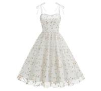 Womens Vintage Elegant Suspender Embroidered Dress Cocktail Retro Style Dress Mesh Swing A Line Cocktail Dress Formal Prom Wedding Guest Dresses for Women UK A-White