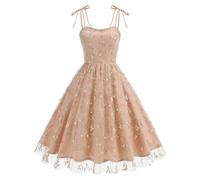 Womens Vintage Elegant Suspender Embroidered Dress Cocktail Retro Style Dress Mesh Swing A Line Cocktail Dress Formal Prom Wedding Guest Dresses for Women UK A-Pink