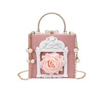 Women's Vintage Evening Bag Rhinestone & Pearl Embellished Chain Bag | 3D Rose Roman Column Hard Frame Clutch, Detachable Gold Chain