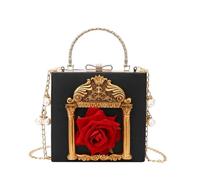 Women's Vintage Evening Bag Rhinestone & Pearl Embellished Chain Bag | 3D Rose Roman Column Hard Frame Clutch, Detachable Gold Chain