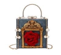 Women's Vintage Evening Bag Rhinestone & Pearl Embellished Chain Bag | 3D Rose Roman Column Hard Frame Clutch, Detachable Gold Chain