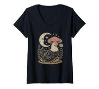 Women's Vintage Fairycore Chicken with Celestial Moon and Fungus V-Neck T-Shirt