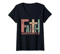 Womens Vintage Faith Ephesians 2:8 Saved by Grace Graphic Gift V-Neck T-Shirt