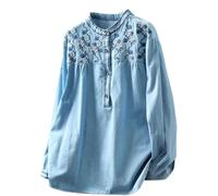 Women's Vintage Famous Style Flower Embroidered Denim Shirt Oversized Embroidered Stand Collar Long Sleeve Bohemian Style Denim Jacket (Light Blue,One Size)