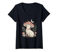Women's Vintage Farm Animal Under a Magical Mushroom Night Sky V-Neck T-Shirt