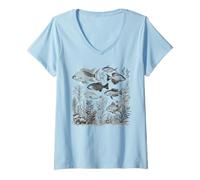 Women's Vintage Fish Aquatic Plants Illustration V-Neck T-Shirt