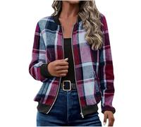 Women's Vintage Flannel Plaid Jacket | Casual Loose Fit Baseball Bomber Jackets with Zip Front & Side Pockets Outwear | Lightweight Warm Checked Coats for Autumn Winter | Retro Coat Size S-XXL