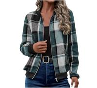 Women's Vintage Flannel Plaid Jacket | Casual Loose Fit Baseball Bomber Jackets with Zip Front & Side Pockets Outwear | Lightweight Warm Checked Coats for Autumn Winter | Retro Coat Size S-XXL