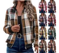Women's Vintage Flannel Plaid Jacket | Casual Loose Fit Baseball Bomber Jackets with Zip Front & Side Pockets Outwear | Lightweight Warm Checked Coats for Autumn Winter | Retro Coat Size S-XXL