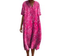 Women's Vintage Floral Art Print Casual Flowing Dress with Pockets V Neck Dress Petite Casual Dresses for Summer (Hot Pink, M)