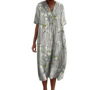 Women's Vintage Floral Art Print Casual Flowing Dress with Pockets V Neck Dress Petite Casual Dresses for Summer (Grey, XL)