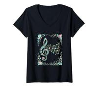 Women's Vintage Floral Music Staff Notes Melody Aesthetic V-Neck T-Shirt