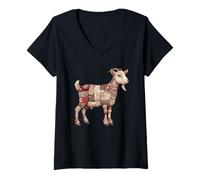 Womens Vintage Floral Patchwork Goat Rustic Farmhouse V-Neck T-Shirt