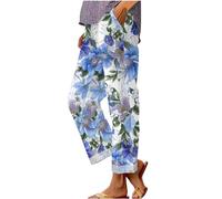 Women's Vintage Floral-Print Patchwork Cotton-Linen Trousers with Pockets, Wide-Leg Casual Pants for Art Fairs, Creative Workshops & Weekend Getaways Blue