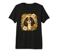 Womens Vintage Flower Tricolor Cavalier King Charles Spaniel Premium T-Shirt