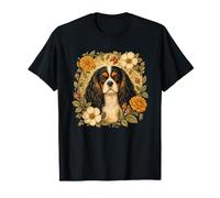 Womens Vintage Flower Tricolor Cavalier King Charles Spaniel T-Shirt