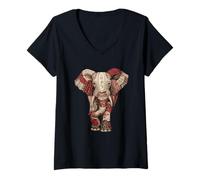 Womens Vintage Folk Art Red Patchwork Elephant V-Neck T-Shirt