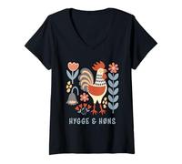 Women's Vintage Folk Art Rooster Hygge & Høns Design V-Neck T-Shirt