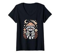 Women's Vintage Forest Raccoon Under A Cottagecore Wild Mushroom V-Neck T-Shirt