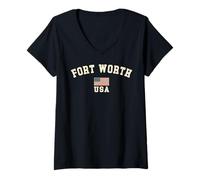 Womens Vintage Fort Worth USA American Flag Texas Souvenir Retro V-Neck T-Shirt