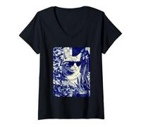 Women's Vintage Ginger Tabby Cat with Sunglasses Floral Botanical V-Neck T-Shirt
