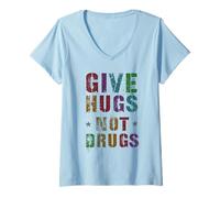 Womens Vintage GIVE HUGS NOT Drugs Girls Clean World Vibes Recovery V-Neck T-Shirt